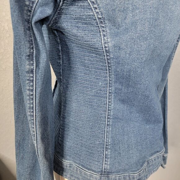 Guess Jacket Med Rigby Denim Moto Zip Distressed Blue Jean Stretch Denim Zip - Picture 16 of 17